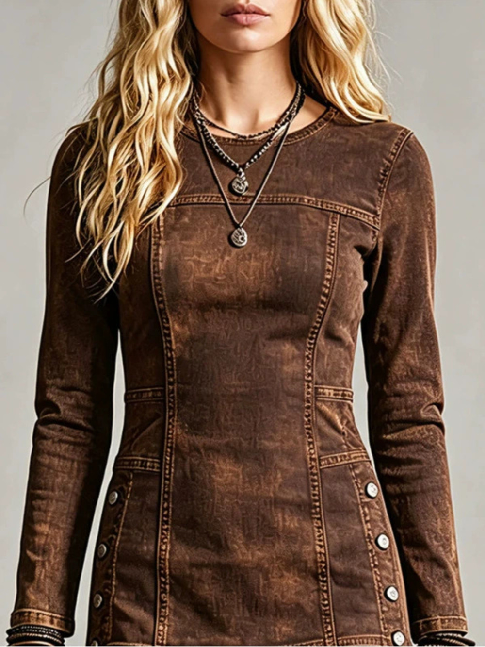 H&M   Retro Long Sleeve Dark Brown Denim Mini Dress